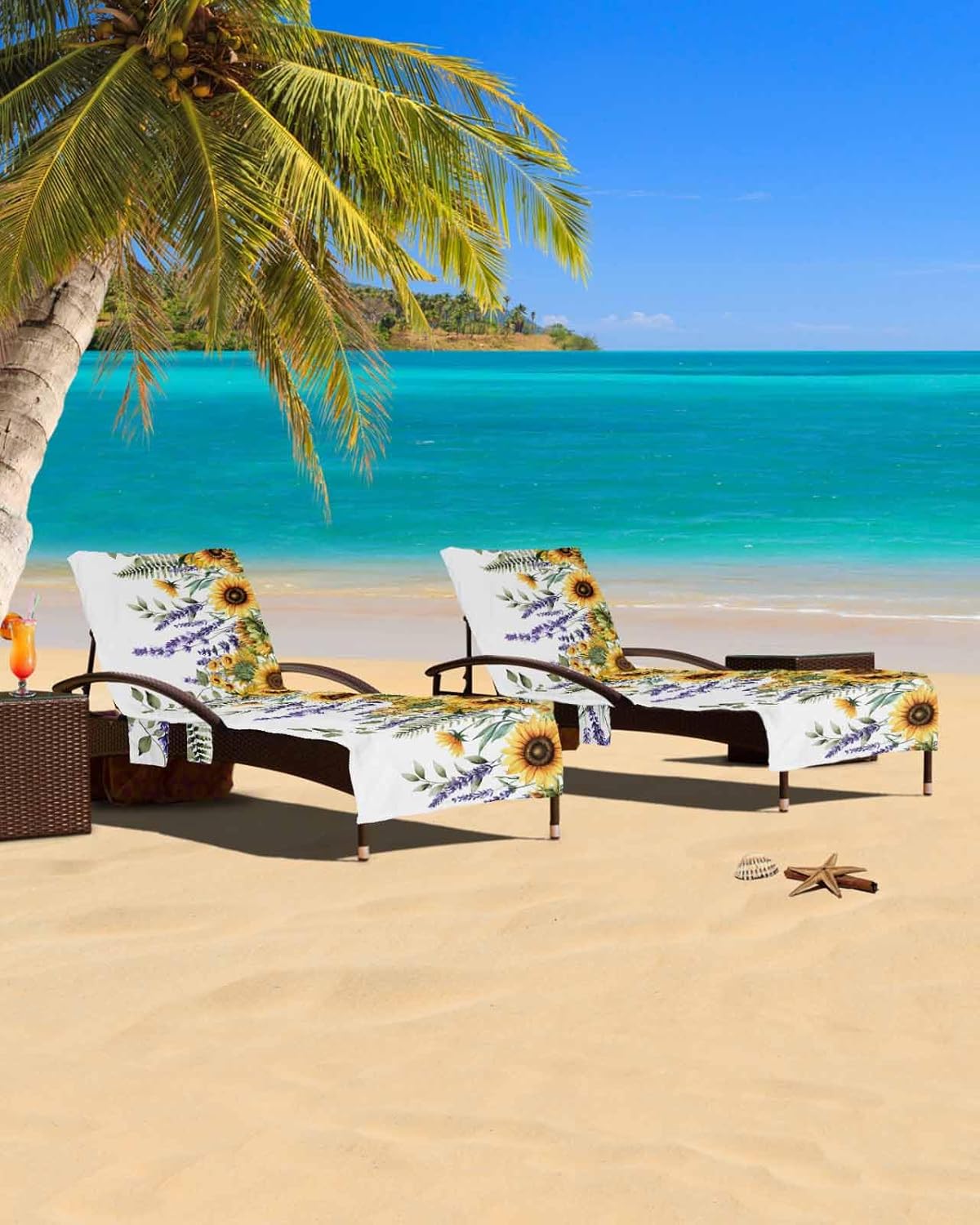 Spring Summer Flowers Beach Pool Patio Lounge Chaise Chair Cover Towel With Pockets,Absorbent & Quick Dry Microfiber Towel Cover Bag Summer Sunbathing Accessories Sunflower Lavender Eucalyptus White