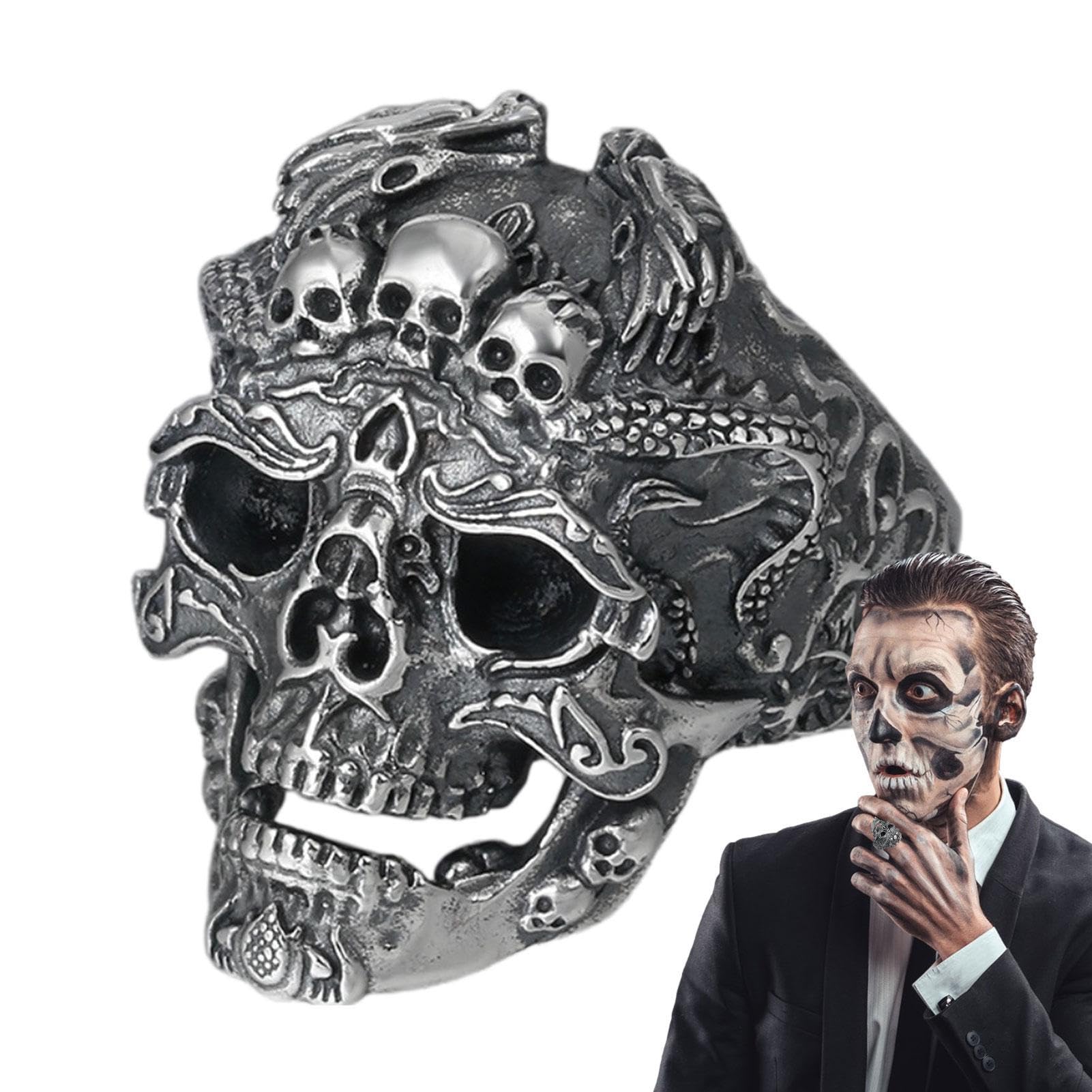 Onlynery Gothic Skull Rings - Gothic Skull Head Rings For Men,Grim Reaper Skeleton Rings For Boys, Skull Head Rings, Gothic Fashion Open Rings, Vintage Scary Skeleton Rings
