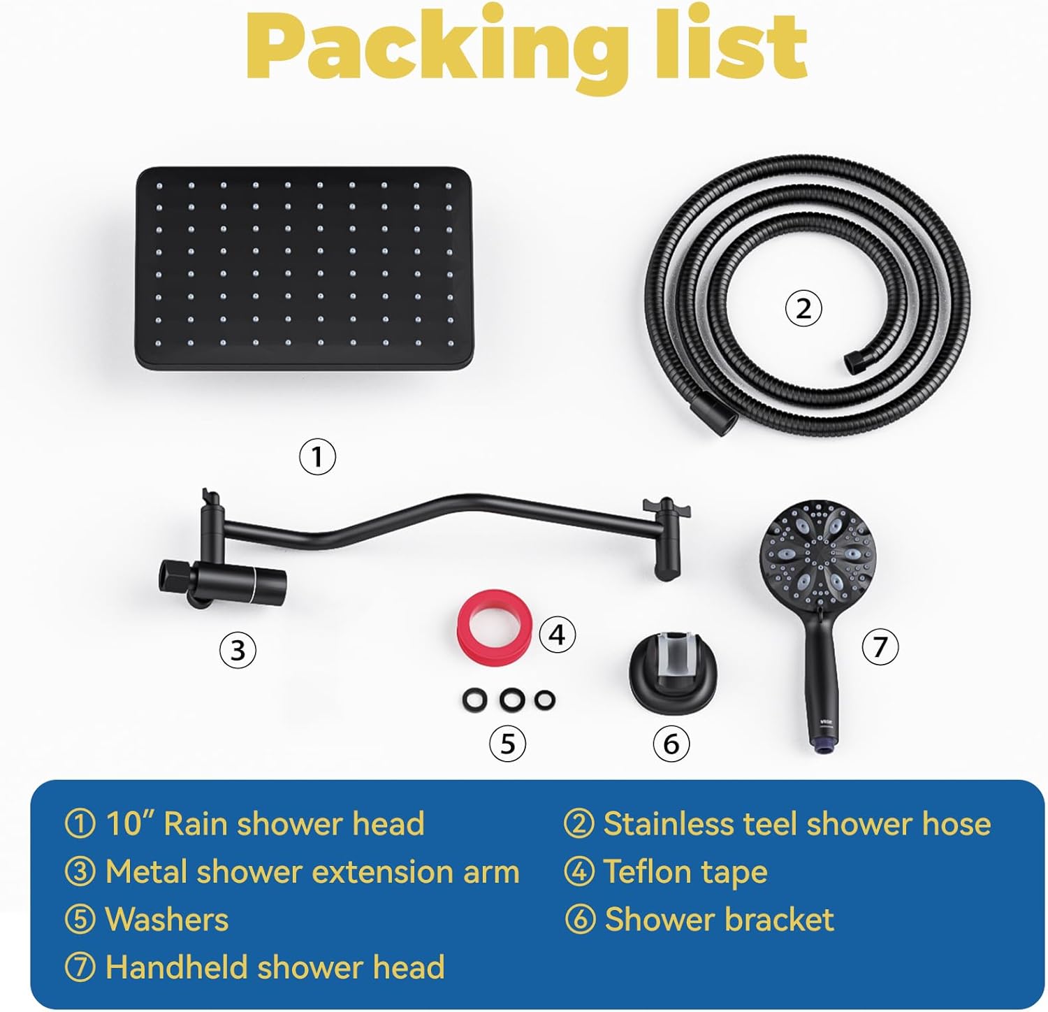 WRISIN 10 Inch Rain Shower Head with Handheld Spray, 7-Function Handheld Showerhead, Adjustable Metal Shower Extension Arm, Stainless Steel Hose, Matte Black