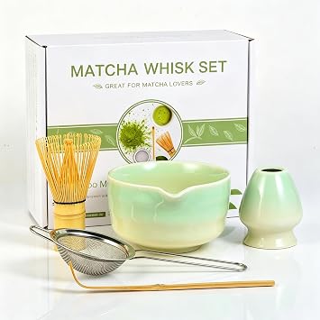 Matcha Whisk Set, Japanese Tea Set Includes Matcha Bowl with Spout, Bamboo Whisk, Ceramic Chasen Holder, Scoop, Sifter, 5 pcs Traditional Tea Making Kit for Matcha Lovers Women Men