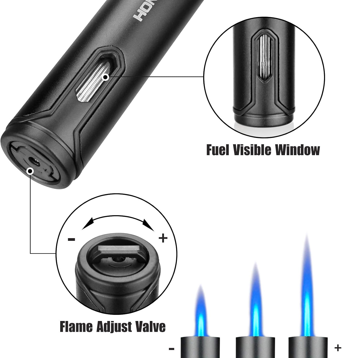 Torch Lighter Butane Lighters with Fuel Level Window, Adjustable Jet Flame for Grill Kitchen BBQ Fireworks, Mens Gifts,(Gas not Included) (Black)