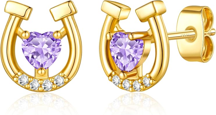 Ritach Horse Gifts for Women Girls - S925 Sterling Silver Post Lucky Horseshoe Stud Earrings Real Gold Plated Heart Birthstone Earrings for Girls Women Horse Stuff Horse Gifts for Girls Women Horse Lovers
