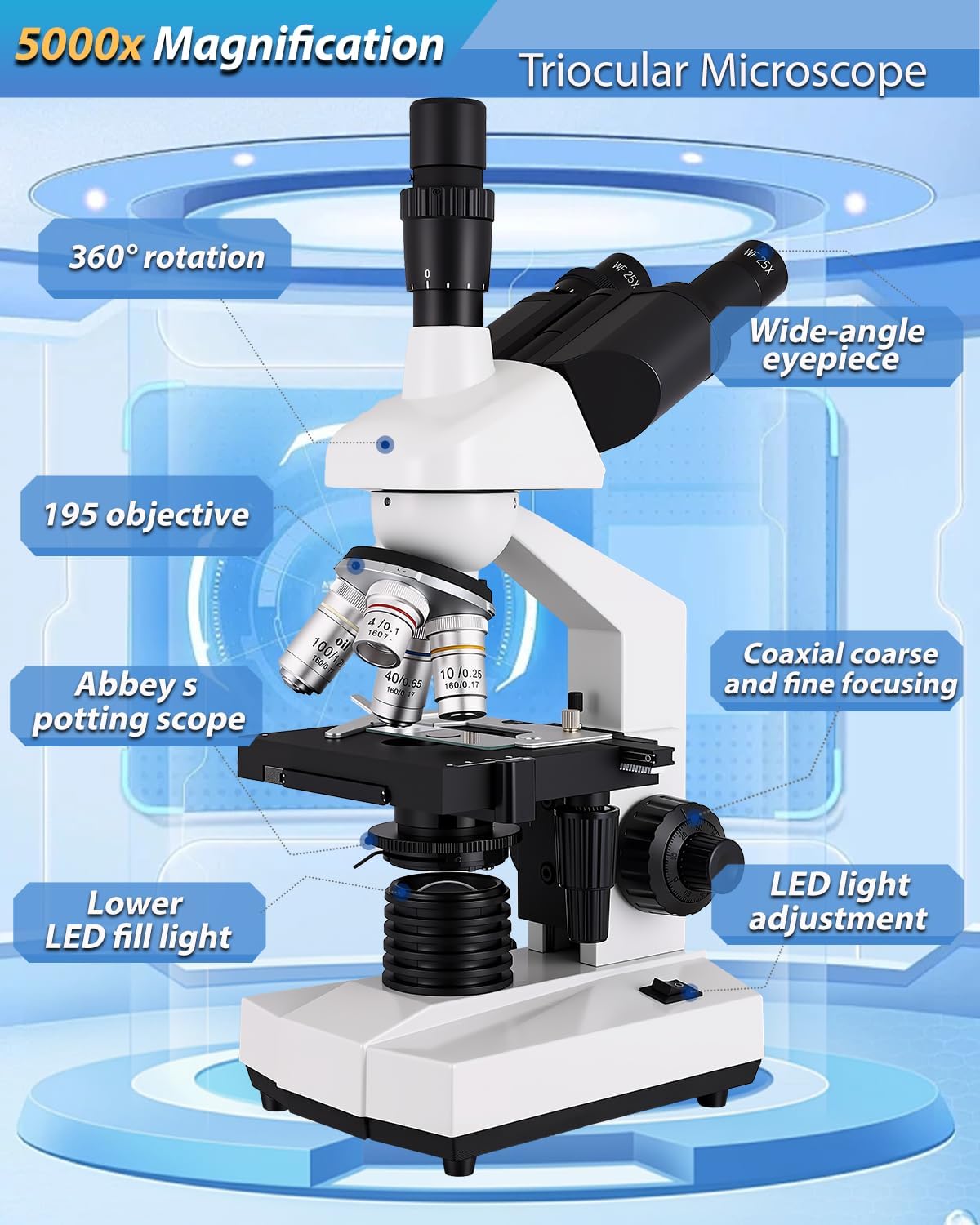 Goldstyle Compound trinocular Microscope, 40x-5000x Magnification, WF10x and WF25x eyepieces, LED Illumination, Adult Microscope for Schools, Home Labs, Children and Beginners
