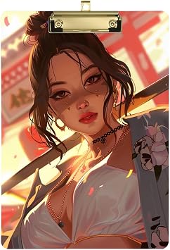 Anime Women Samurai Acrylic Clipboard A4 Letter Size Standard Clipboard with Low Profile Gold Finish Clip, Decorative Cute Funny Anime Clipboards for Office 9 X 12.5 Inch