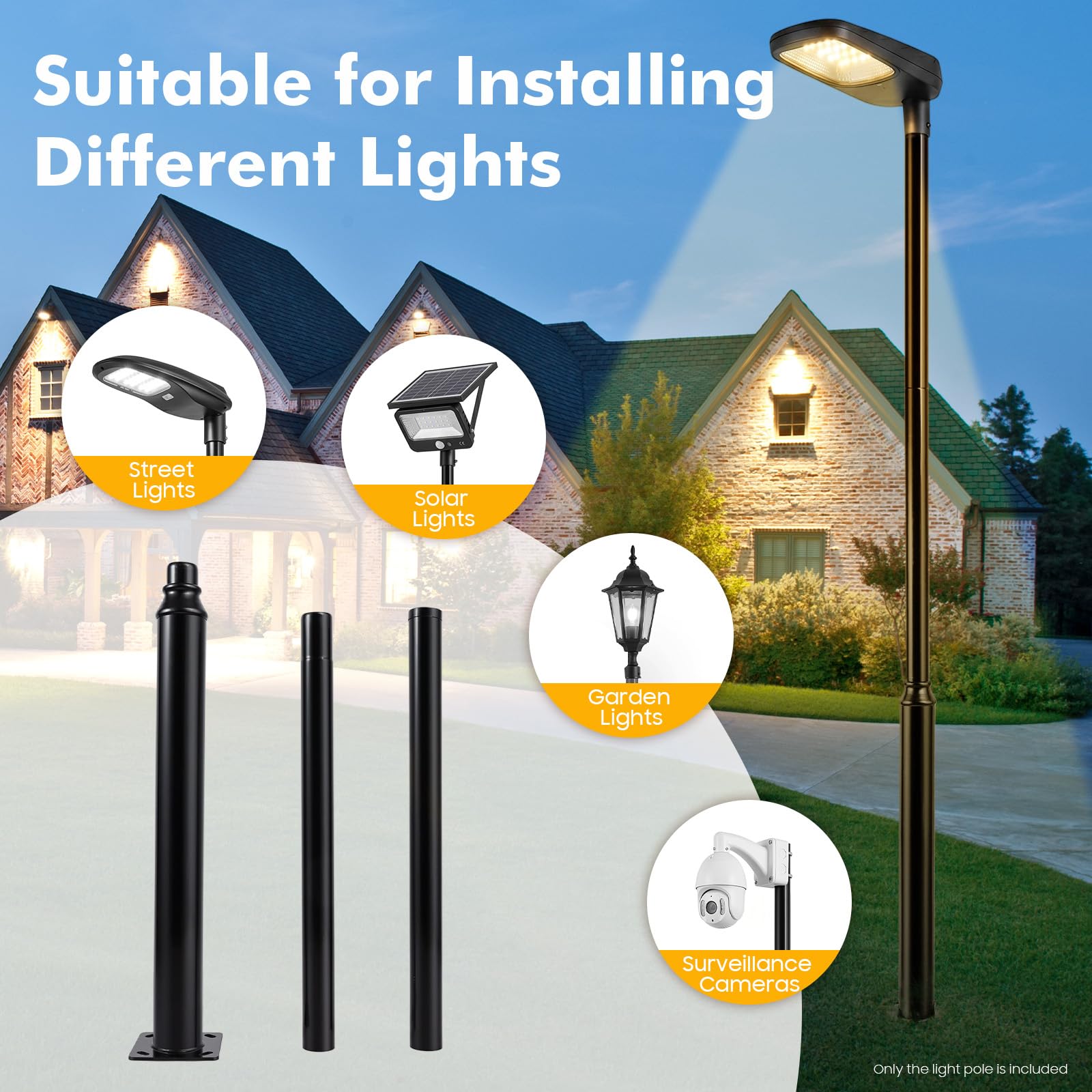 Poste de hierro galvanizado de 3 m de altura para farolas, 100 kg, color negro, para farolas, luces solares, luces de jardín y cámaras de vigilancia
