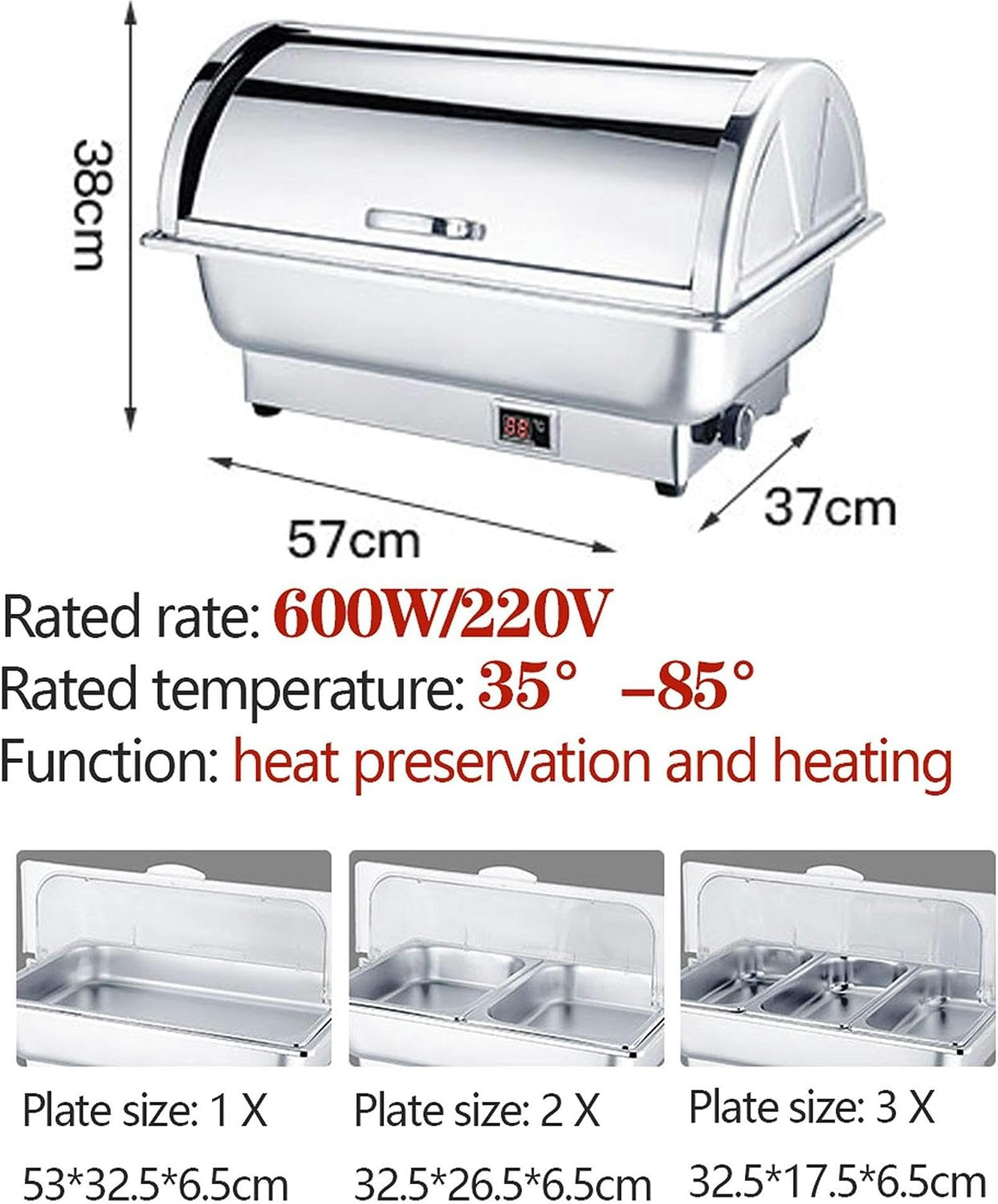Scaldavivande Chafing Dish Elettrico Acciaio Inox 9L Contenitore Termico Scalda Cibo per Alimenti con Coperchio - Mantiene Caldo Il Cibo del Buffet, 57 * 37 * 38cm