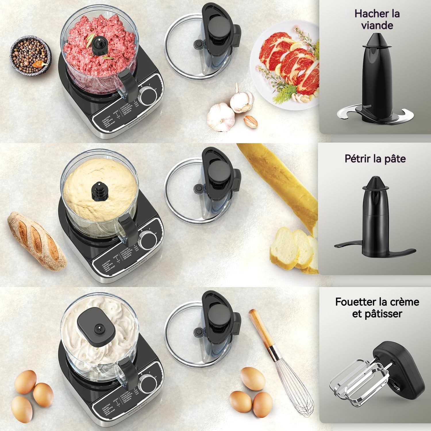 FIMEI Robot Cuisine Multifonctions 1300W, 3 Vitesses et Fonction Pulse, 3,5L Hachoir, 1,5L Mixeur, Moulin, Presse Agrumes, Pétrin à Pâte, Fouet, Râpe, Disque Tournant, Sans BPA