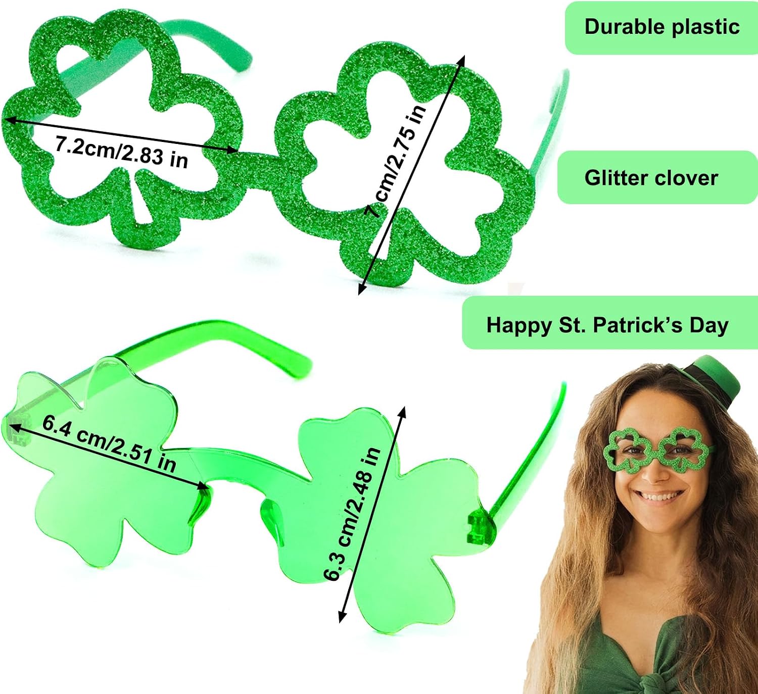 2 PCS St. Patrick's Day Sunglasses for Women Men, Green Clover Irish Shamrock Acrylic Glasses Accessories for Costume Party