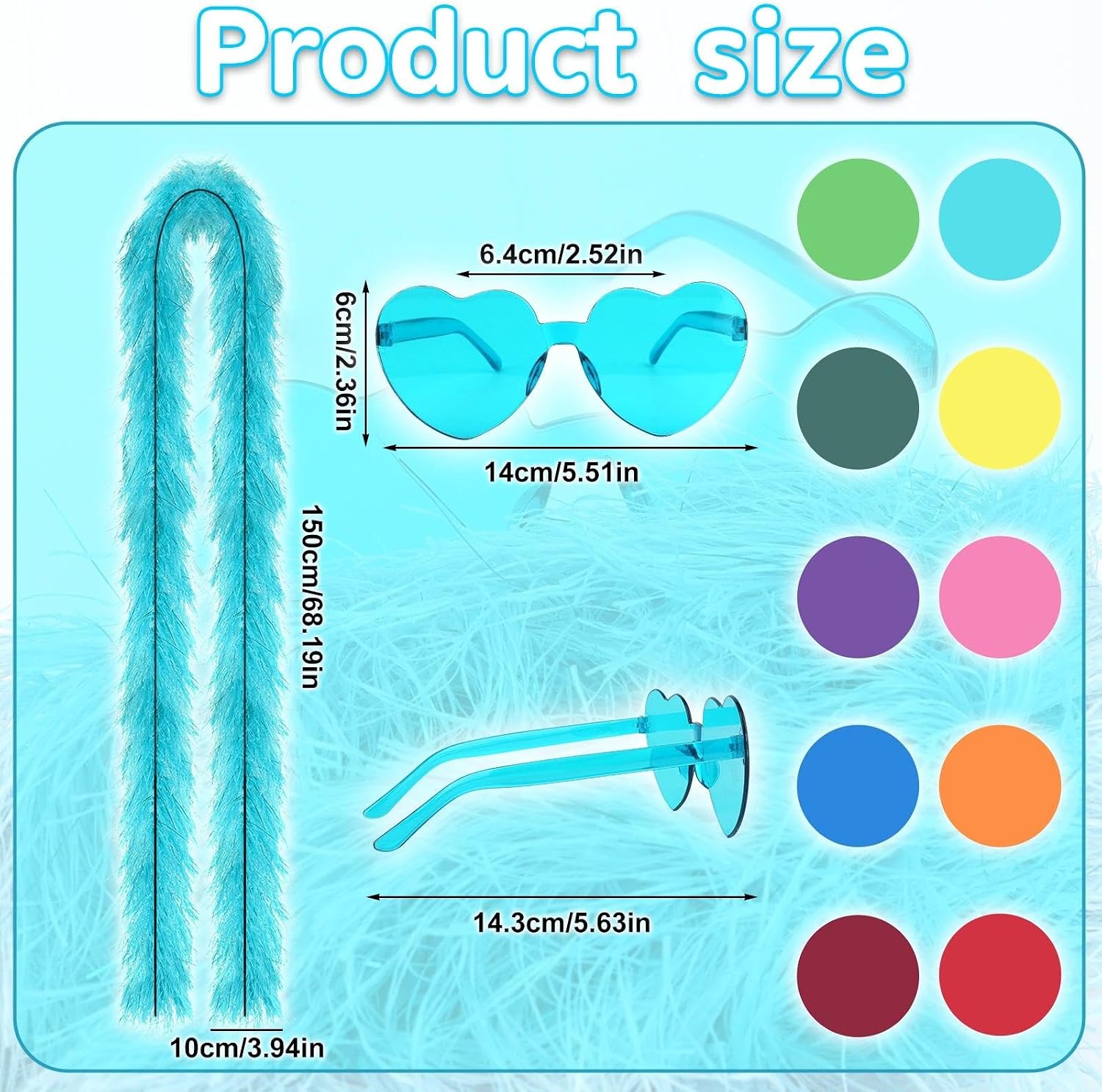 20 PCS Colorful Feather Boas and Rimless Heart Sunglasses,5 Ft,Artificial Fluffy Boa Set for Disco Bachelorette Party Wedding Birthday Halloween Christmas