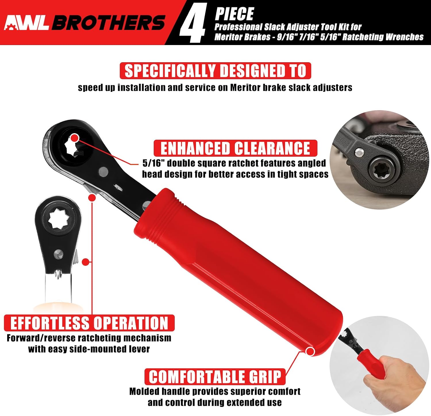 Air Brake Adjustment Tool Kit, 4-Piece Slack Adjuster Tool Set for Semi Trucks & Trailers, Red Ratcheting Wrenches 5/16" 7/16" 9/16" with Fork End Release Tool, Heavy Duty Brake Service Kit