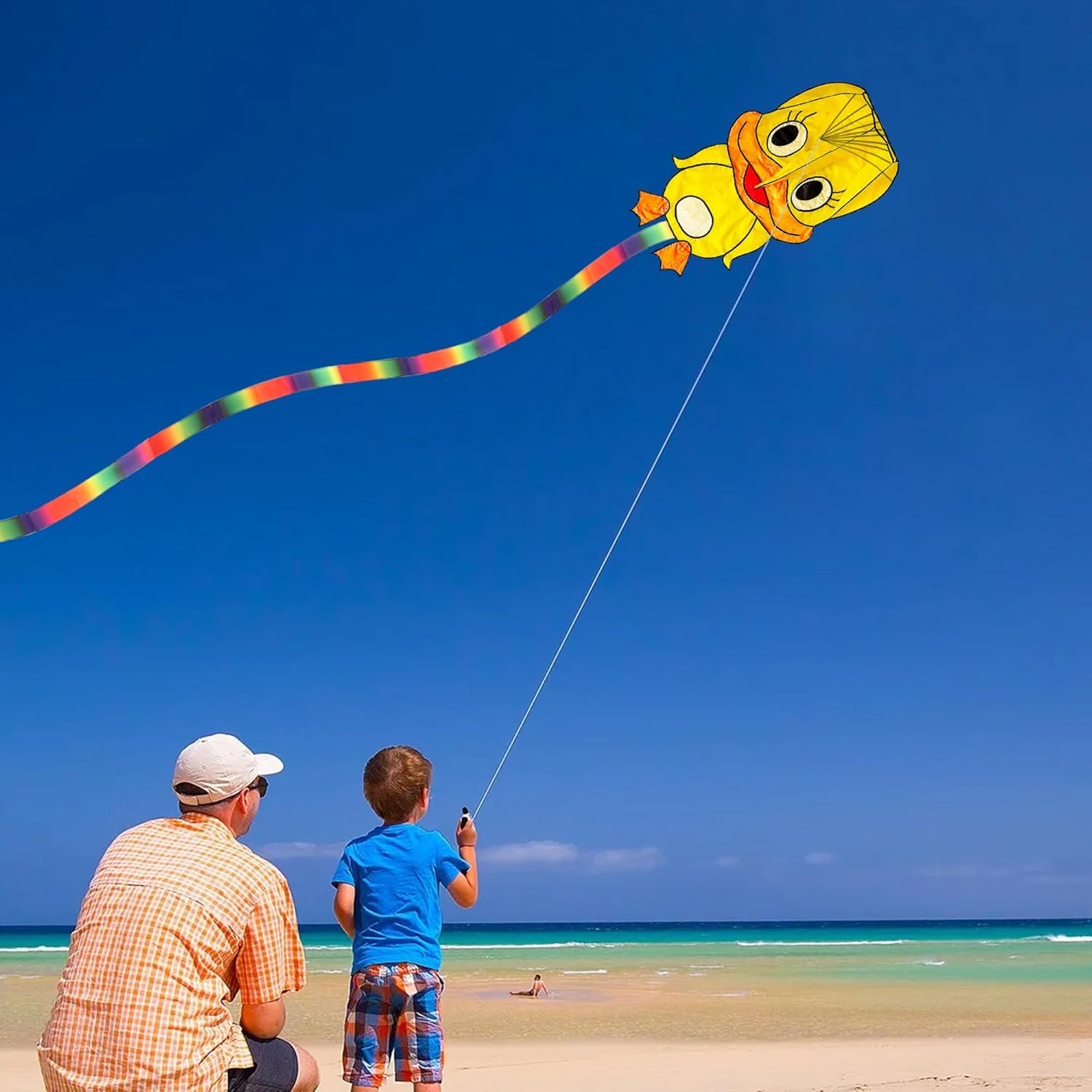Duck Pattern Kites for Kids, Cute Large Kite Duck Kite with Long Colorful Tail for Kids & Adults, Easy to Fly Kite for Beginners Outdoor Activities