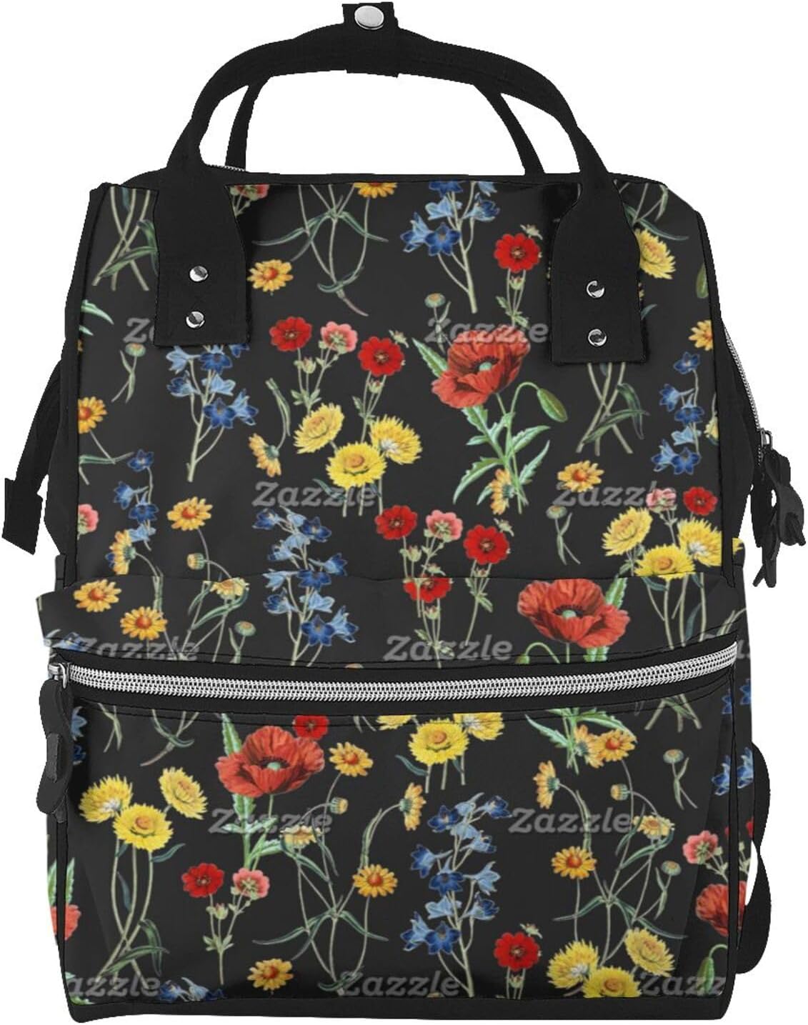 Poppies, Daisies, Bluebells Carbon Black Diaper Bag Backpack for Women, Large Capacity Waterproof Travel Bag with Stroller Straps