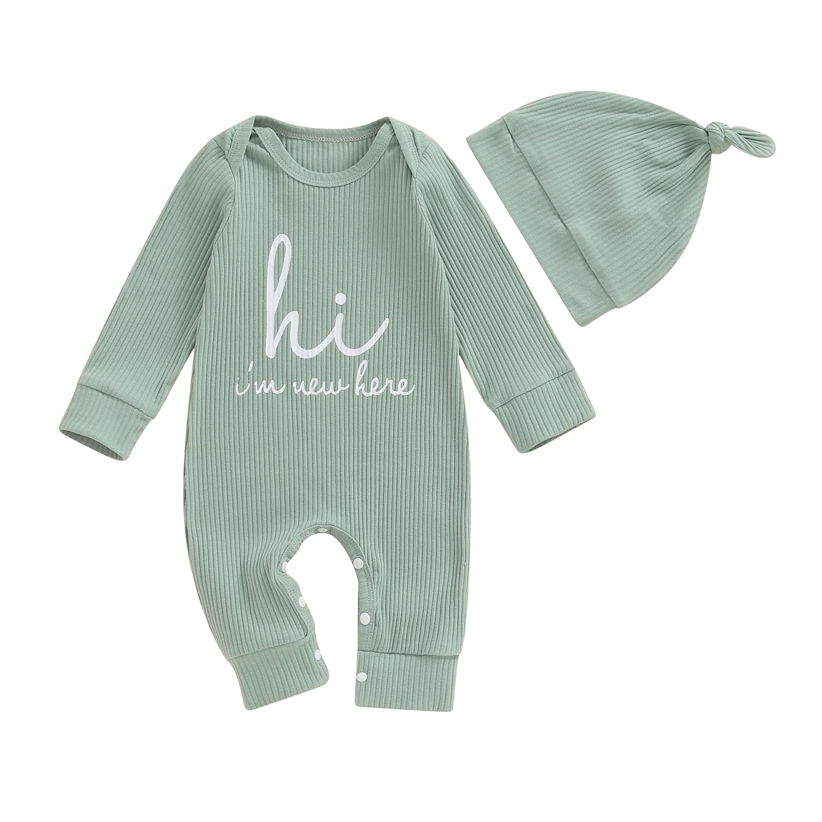 aporake Baby Boy Girl Clothes Hi I'm New Here Newborn Outfit One Piece Romper Bodysuit Jumpsuit+hat Newborn Hospital Outfit (Green, 0-3 Months)
