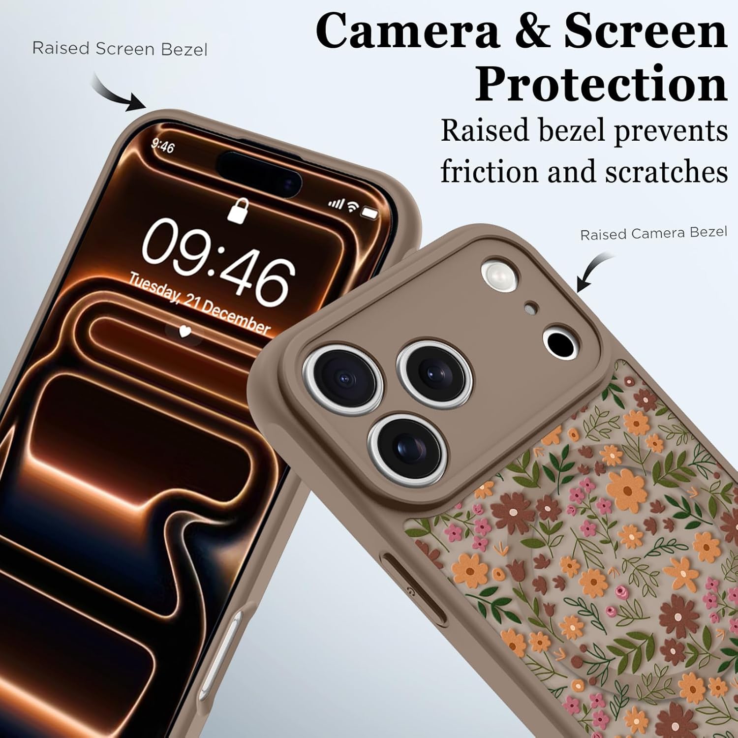 Magnetic for iPhone 17 Pro Case, Compatible with Magsafe, Cute Flower Floral Design for Women Girls, Translucent Matte Camera Protection Shockproof Phone Cover, Brown