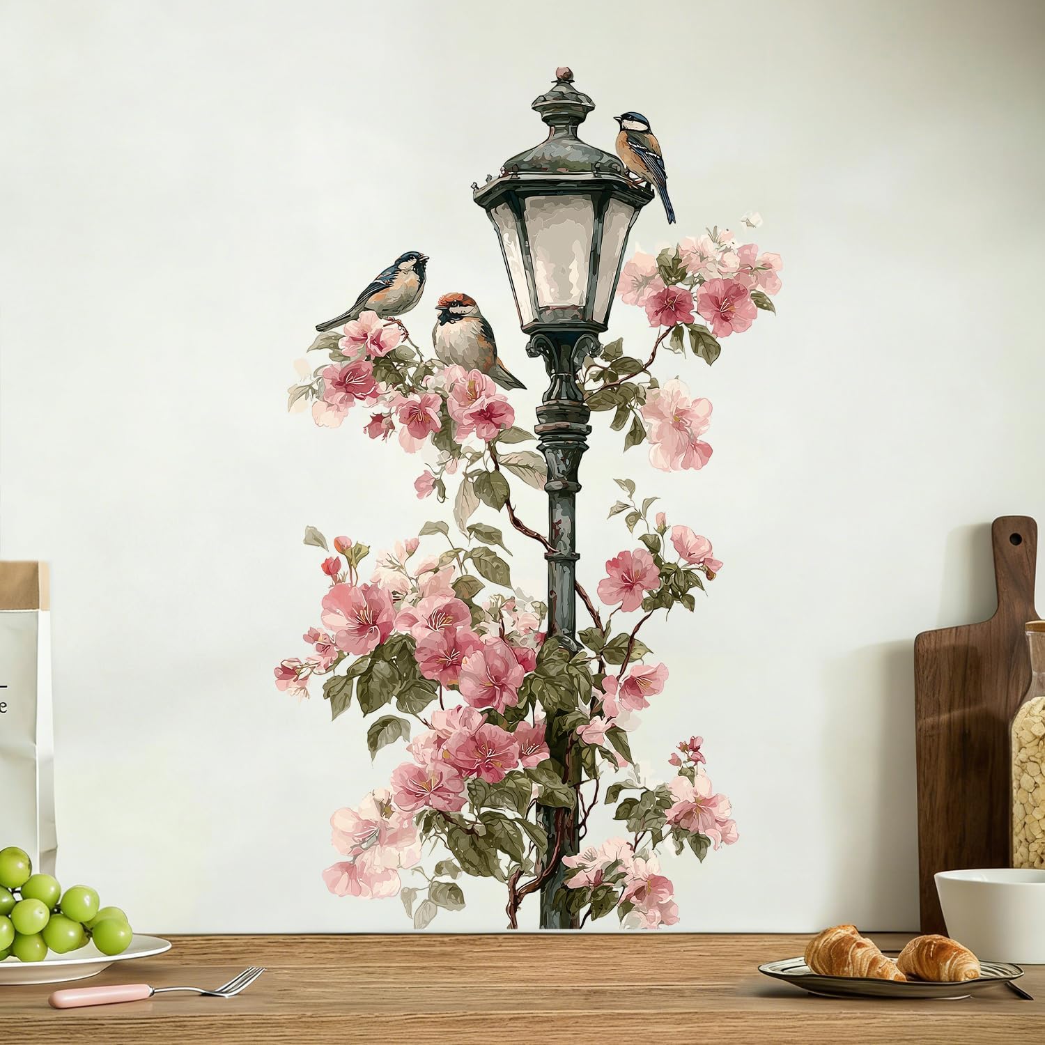 Floral Wall Decals Peel and Stick Vintage Stickers with Birds and Street Lamp, Removable Vinyl Botanical Wall Decor for Living Room Bedroom Hallway Entryway Window Spring Garden Wall Art