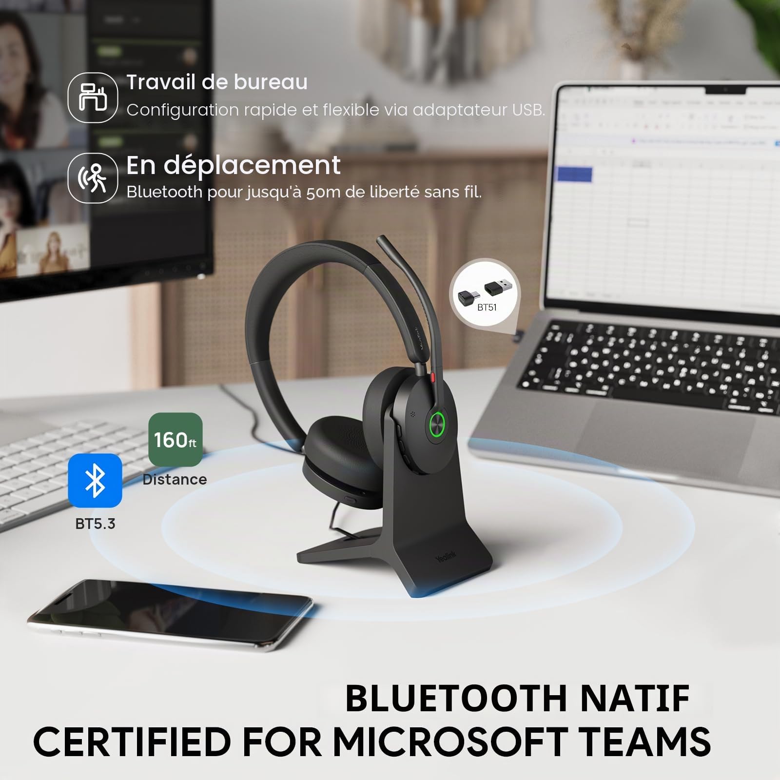 Yealink BH74 ANC Casque Bluetooth sans Fil, 6 Microphones avec Réduction, Casque PC sans Fil, autonomie de 32 h en Conversation, certifié Microsoft Teams et Zoom pour Les espaces de Travail Ouverts