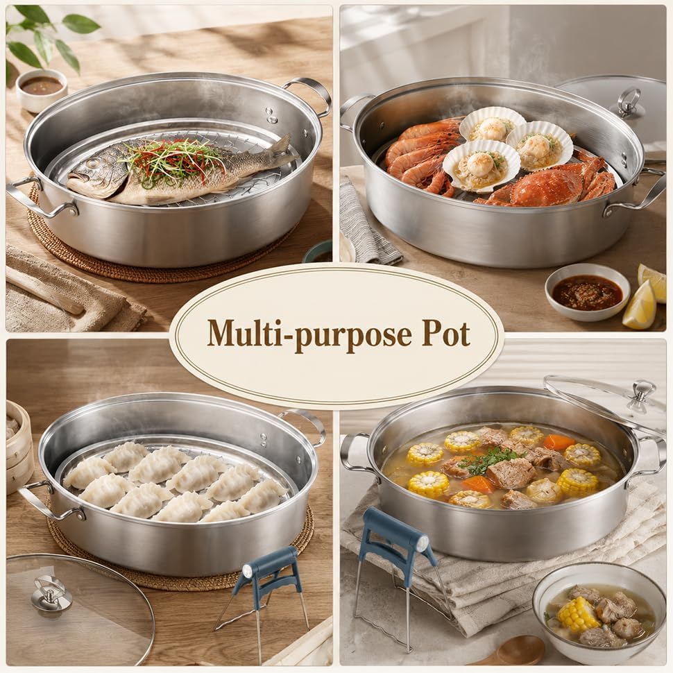 Stainless Steel Fish Steamer Set, Multi-Use Oval Whole Fish Steamer Pot with Glass Lid for Cooking,Rack, Steel Pan, and Chuck, Multi-use Stockpot Cookware for Boiling Soup