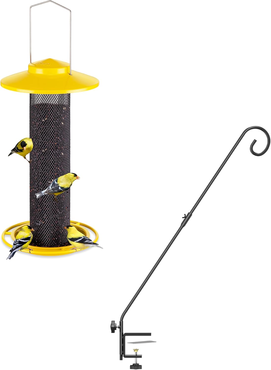 iBorn Deck Hook for Bird Feeder,360° Rotatable Arm, Solid Wire, 28 Inch, Pack of 1 + Finch Feeders 13.5 inch with 17cm Weatherproof Large Roof and Tray,2 LB Capacity,Yellow,1 Pack