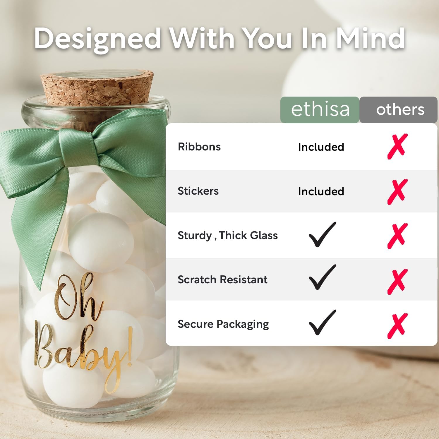 Ethisa Vintage 12 Pack Oh Baby Woodland Milk Glass Bottles with Ribbons and Stickers - Classy Baby Shower Favors for Guests and Table Centerpieces - Gender Neutral Eucalyptus Decoration - Safari Theme