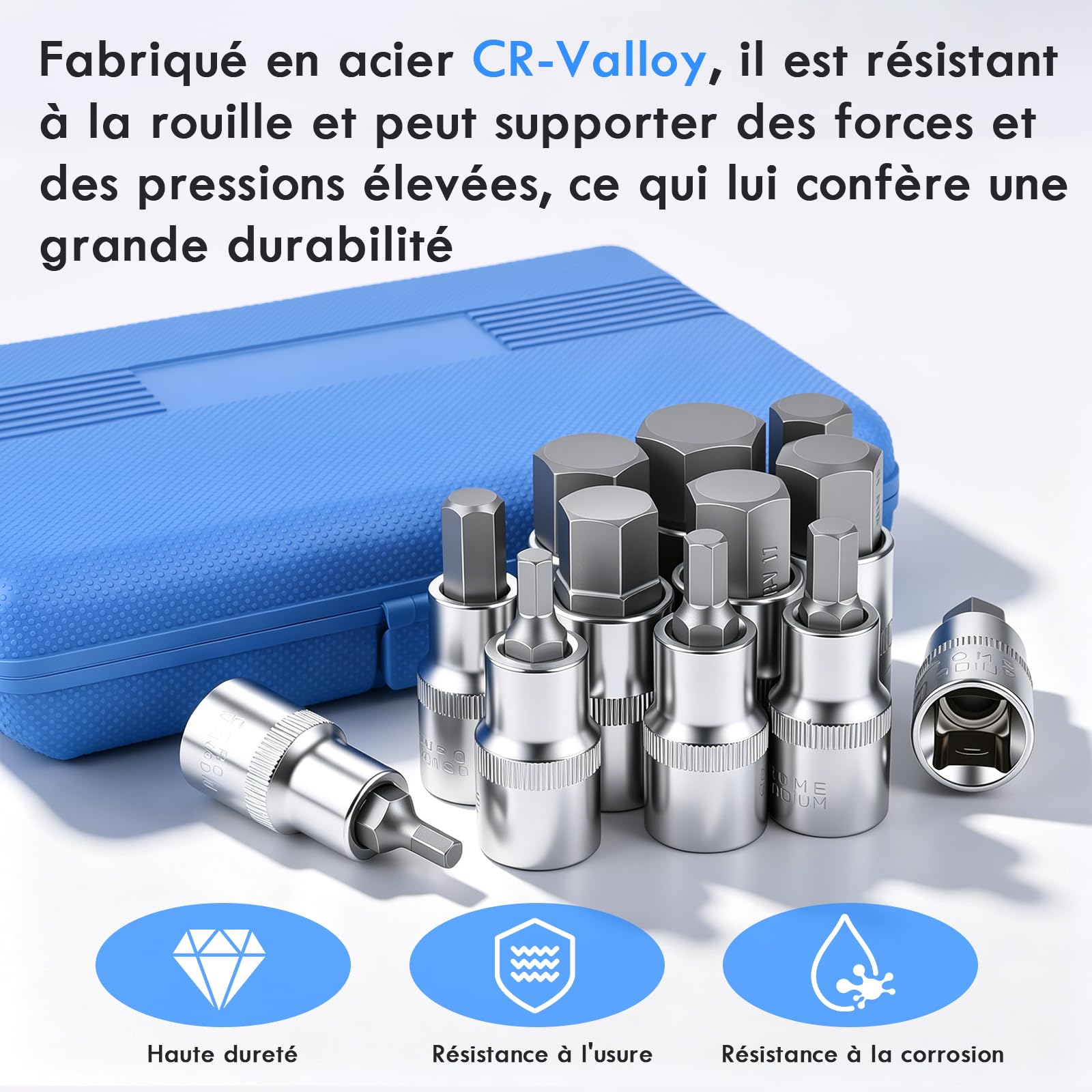 12 Pièces Jeu de Douille Allen 1/2,5-22mm Douilles à Choc Hexagonales,Douille Allen Douilles en Acier à Outils Avec étui Portable,Couple élevé,Anti Corrosion pour l'automobile et l'industrie (Bleu)