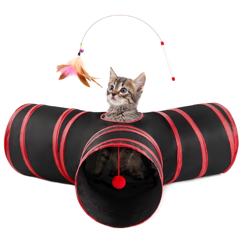Túnel para Gatos Love's cabin 3 Vias Dobrável de Poliéster com Varinha, Tamanho S, Preto e Vermelho, 60 x 33 x 28 cm