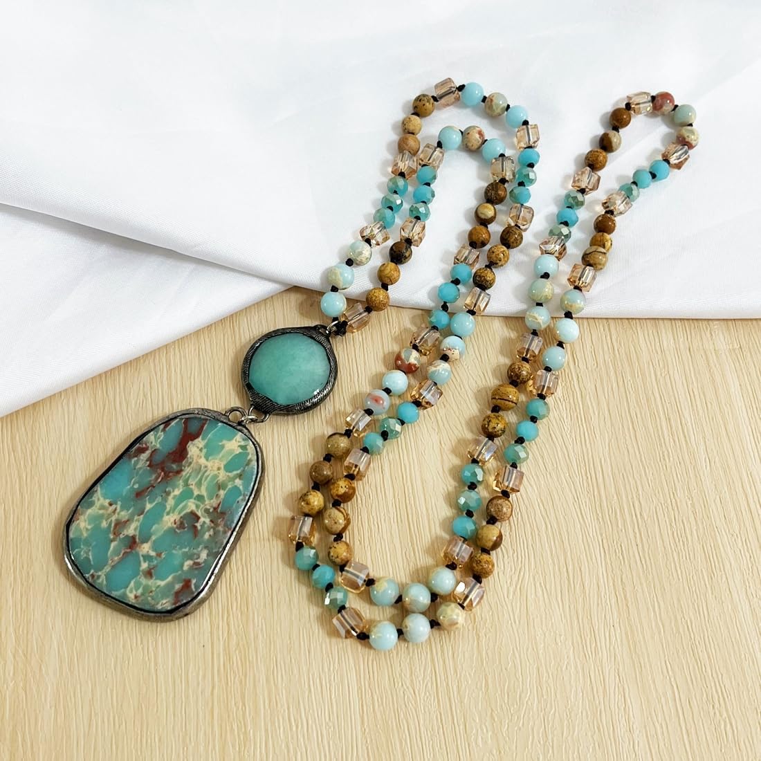 Boho Long Natural Stone Beads Pendant Necklace Crystal Hand Knotted Jewelry for Women - Image 3