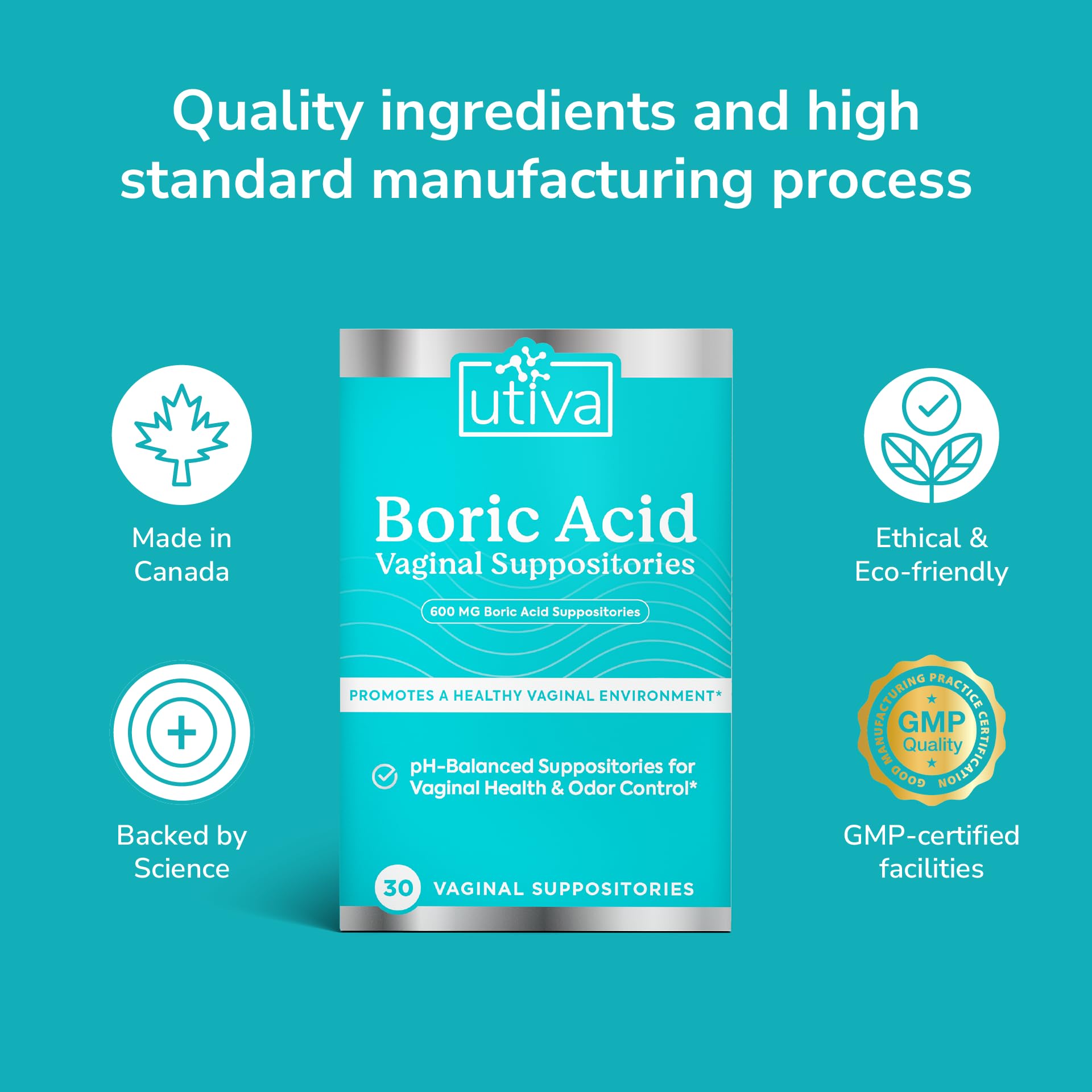 Szio+ Utiva Boric Acid Suppositories for Women - pH Balance - Feminine Care - 600mg Boric Acid to Lower pH and Support Vaginal Health, BV Treatment for Women, 30 Vaginal Suppositories