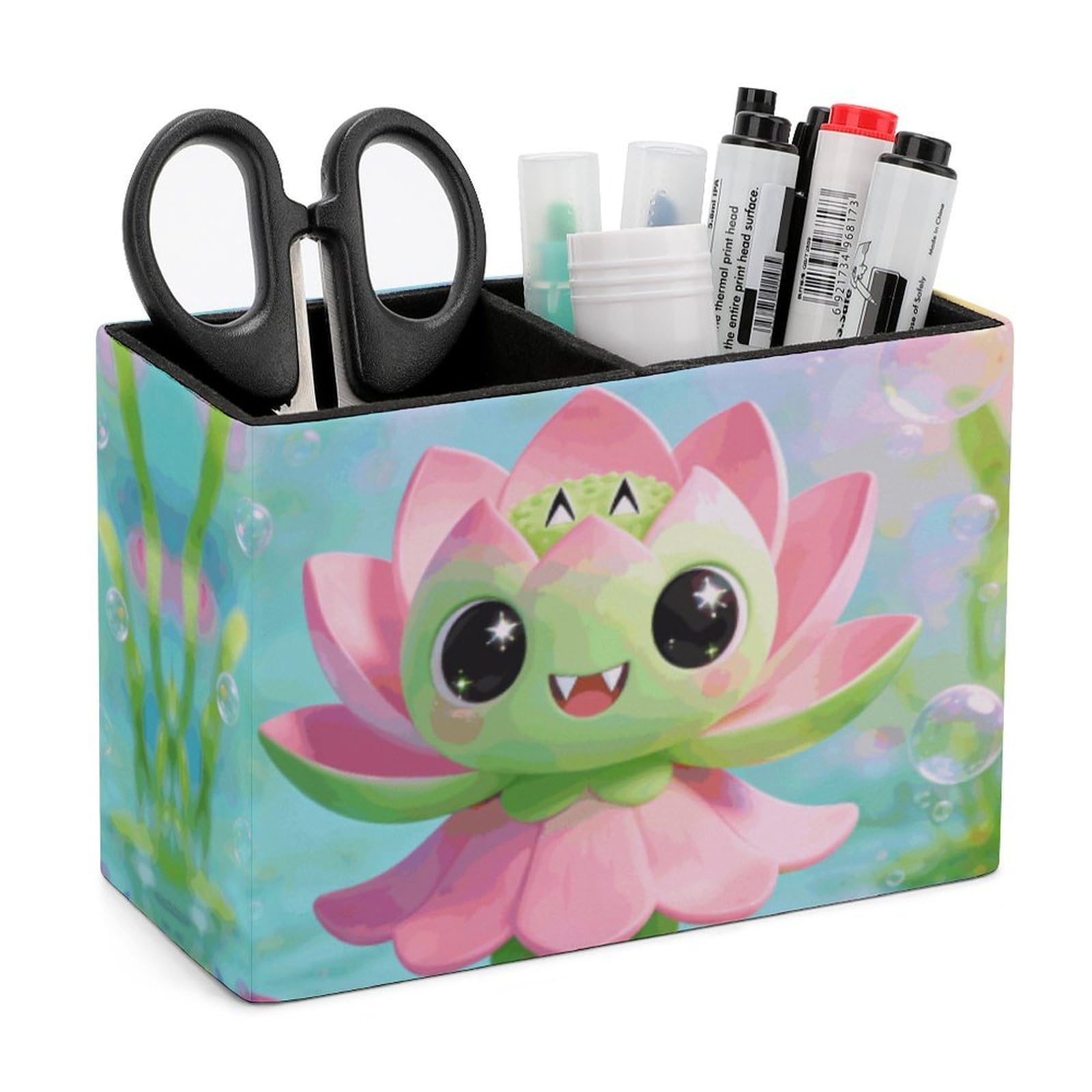 LZQPOEAS Exquisite Patterns PU Leather Pen Holder, Multifunctional Desktop Organizer Caddy with 2 Compartments, Green Pink Lotus Pencil Cup Makeup Brush Holder for Office Home