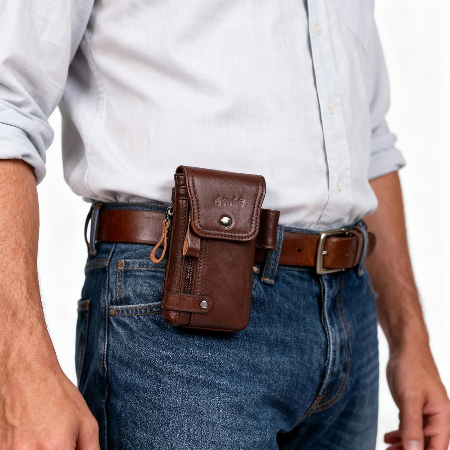 Leather Phone Holster - Genuine Full-Grain Buffalo Leather Cell Phone Holsters - for iPhone 16, 15, 14, 13pro, Galaxy S24, S23, S22 (Coffe, Medium)