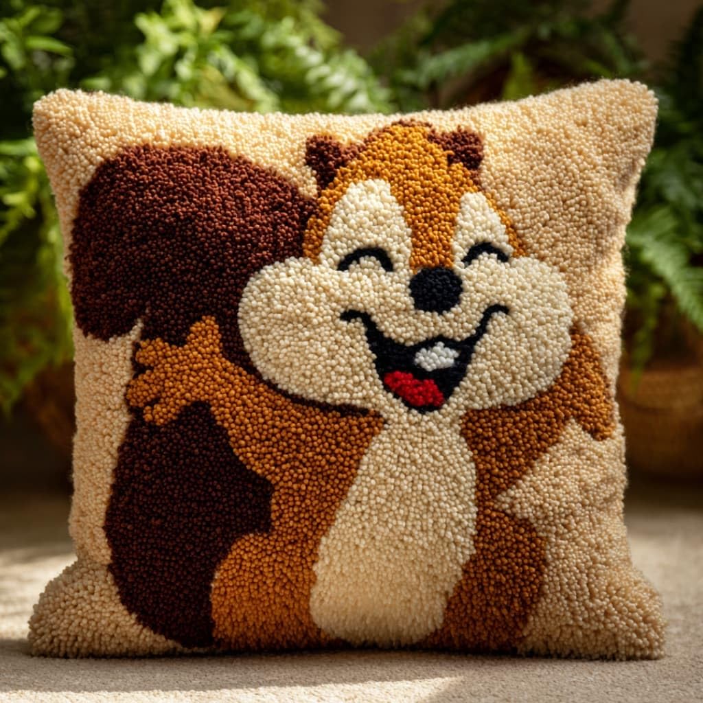 WallustrioaW Latch Hook Pillow Kit -Squirrels Embroidery Art Craft Kit - All Ages - Unisex - 43X43Cm