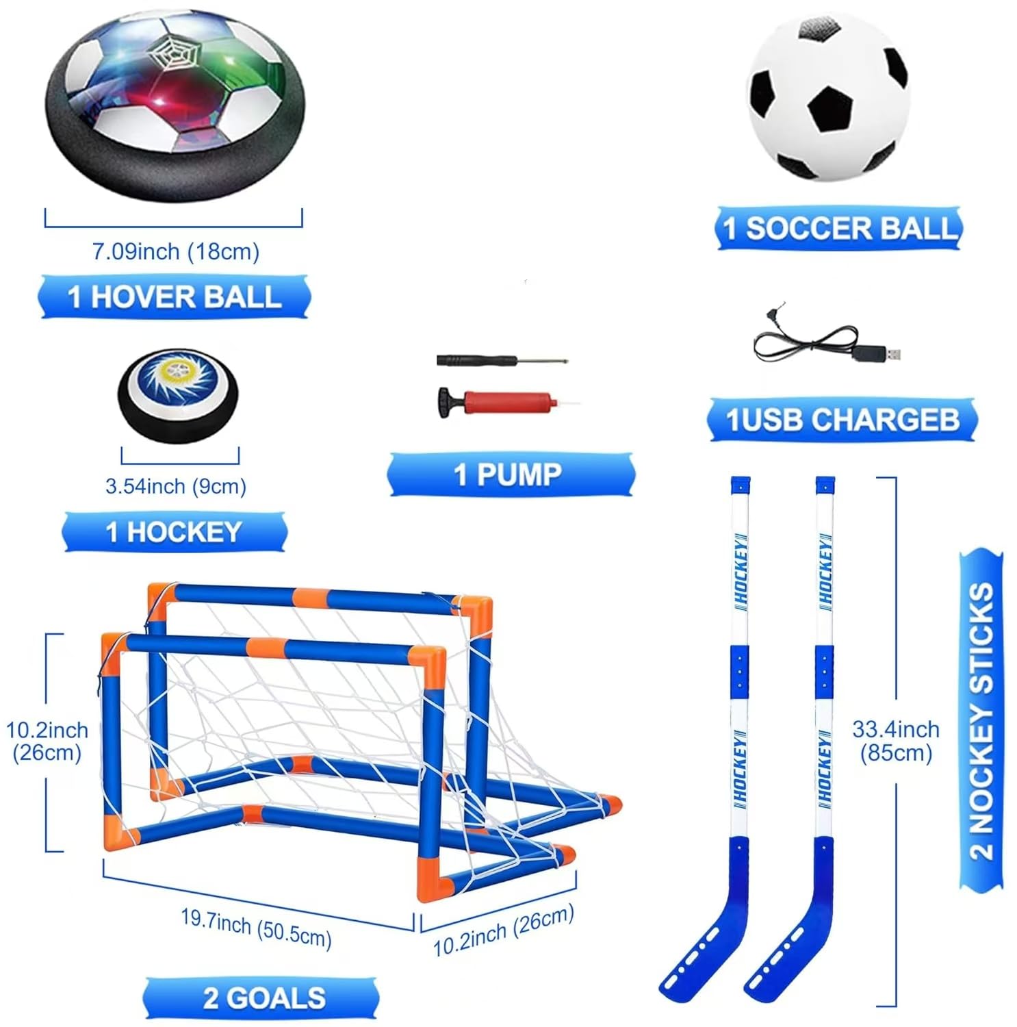 VIBZONFU Hover Soccer Ball for Kids, 2-in-1 Air Floating Soccer Toy Set, Rechargeable Hover Soccer & Hockey Ball with LED Light, Indoor Outdoor Toys for Kids 3 4 5-12 Years Old
