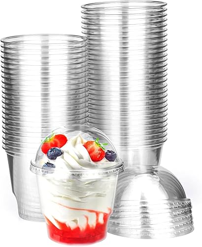 Vasos de plástico de 12 onzas con tapas de cúpula, juego de 50 vasos de frutas desechables con tapas, vasos de cristal PET para frutas, helados,
