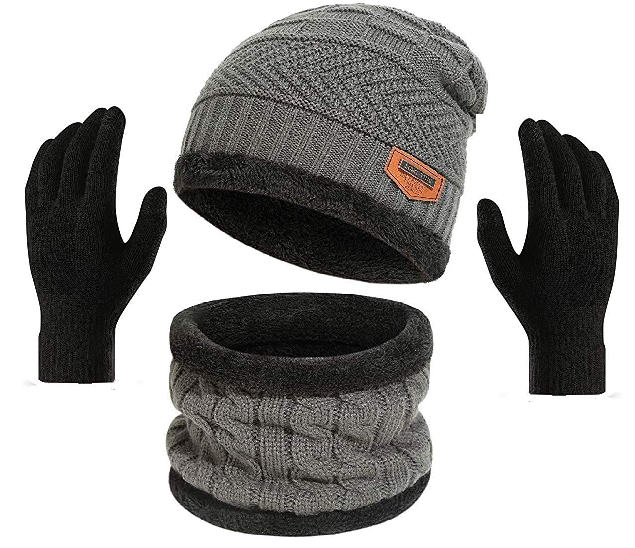 devil Winter Woolen Cap with Neck Scarf and Gloves for Boy's & Girl's/Winter Caps for Men/Woolen Cap(3 Piece)-(Grey)-picture-10