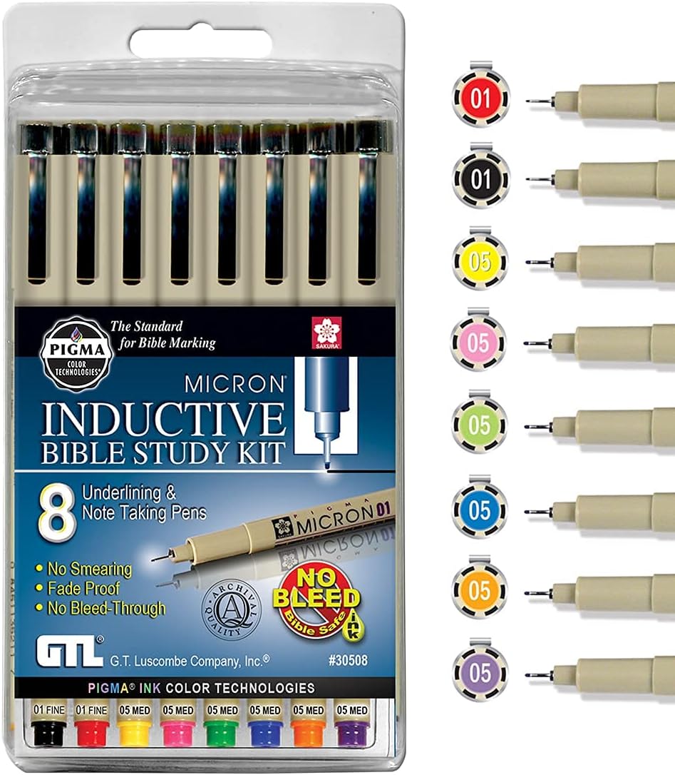 G.T. Luscombe Company, Inc. Pigma Micron 01 Fine & 05 Medium Point Bible Study Pen Kit | No Smearing or Fading | Bible Safe | Artist Pens | No Bleed Pigmented Ink (Set of 8)