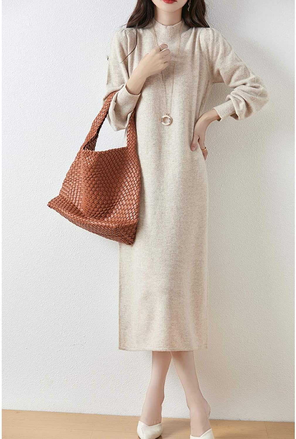 100% Merino Wool Sweater Dress Women's Mock Neck Lantern Sleeve Pullover Autumn Winter Knitted Long Dress