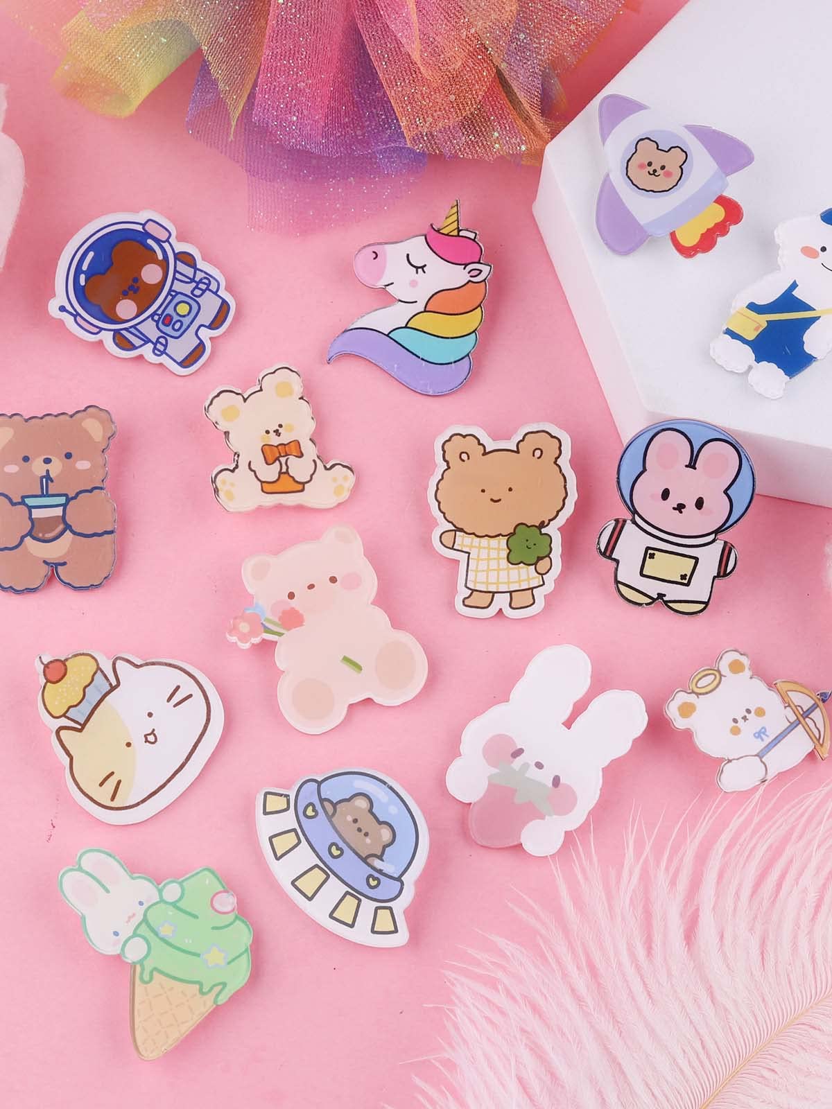 Lot De 10 Badges Broches Cartoon - Motifs Mignons (fraise, Soleil, Lapin...) - Pour Sac à Dos, Vêtements, Chapeau