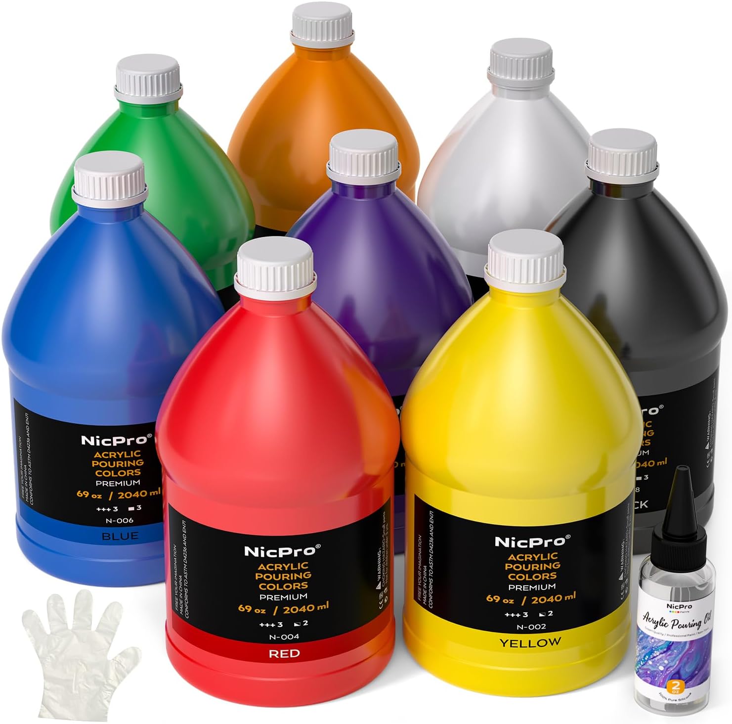 nicpro 8 colors large bulk acrylic pour paint set (69oz,2040ml) premixed high flow art pouring paint supplies kit with silicone pour oil, gloves for beginner cell creation flow diy, ready to pour 8 colors 69 fl oz (pack of 8)