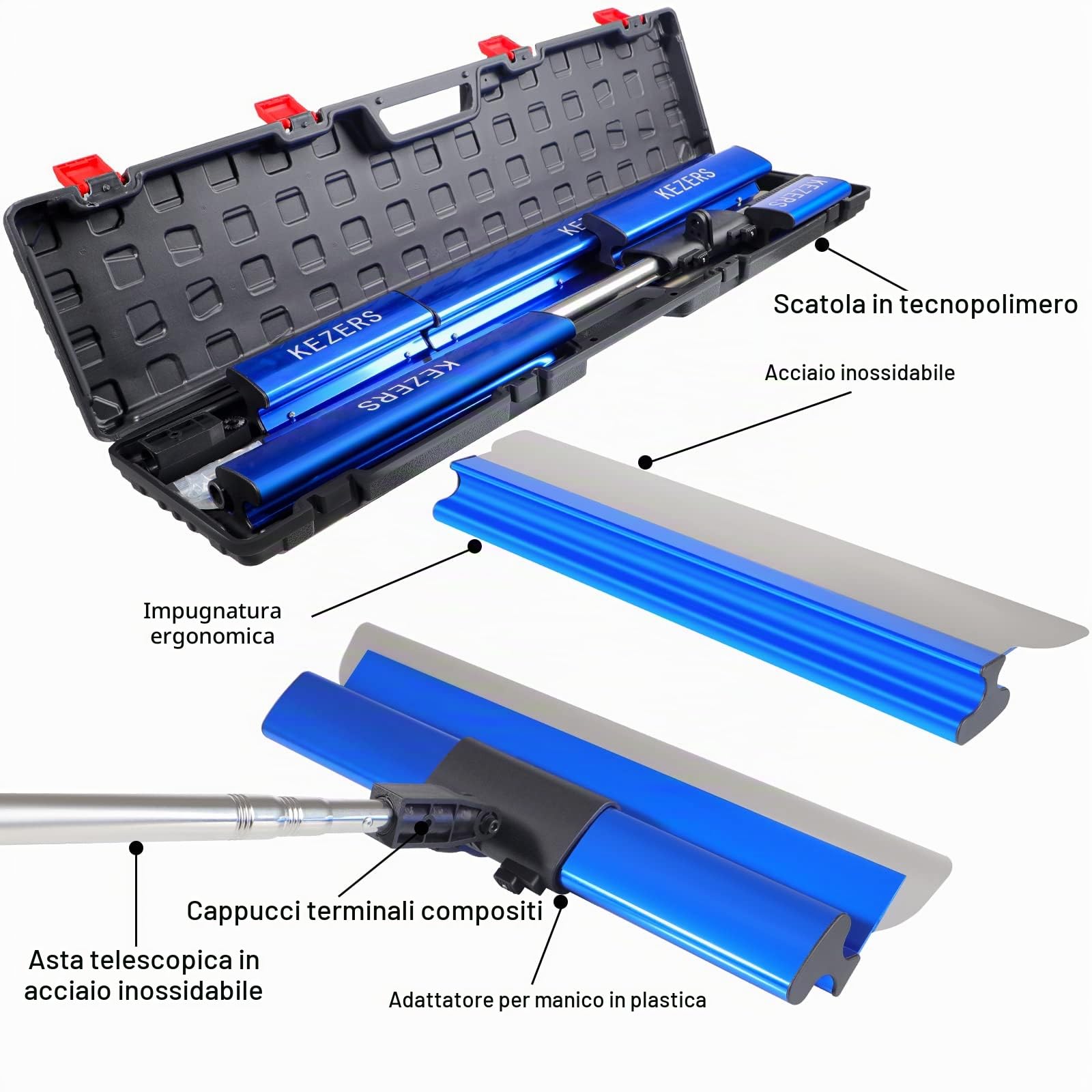 KEZERS set di spatole per superfici, 30cm 55cm e 80cm, spatola per facciate per una maggiore maneggevolezza e lama in acciaio inox intercambiabile da 0,3mm per spatolare senza spalla