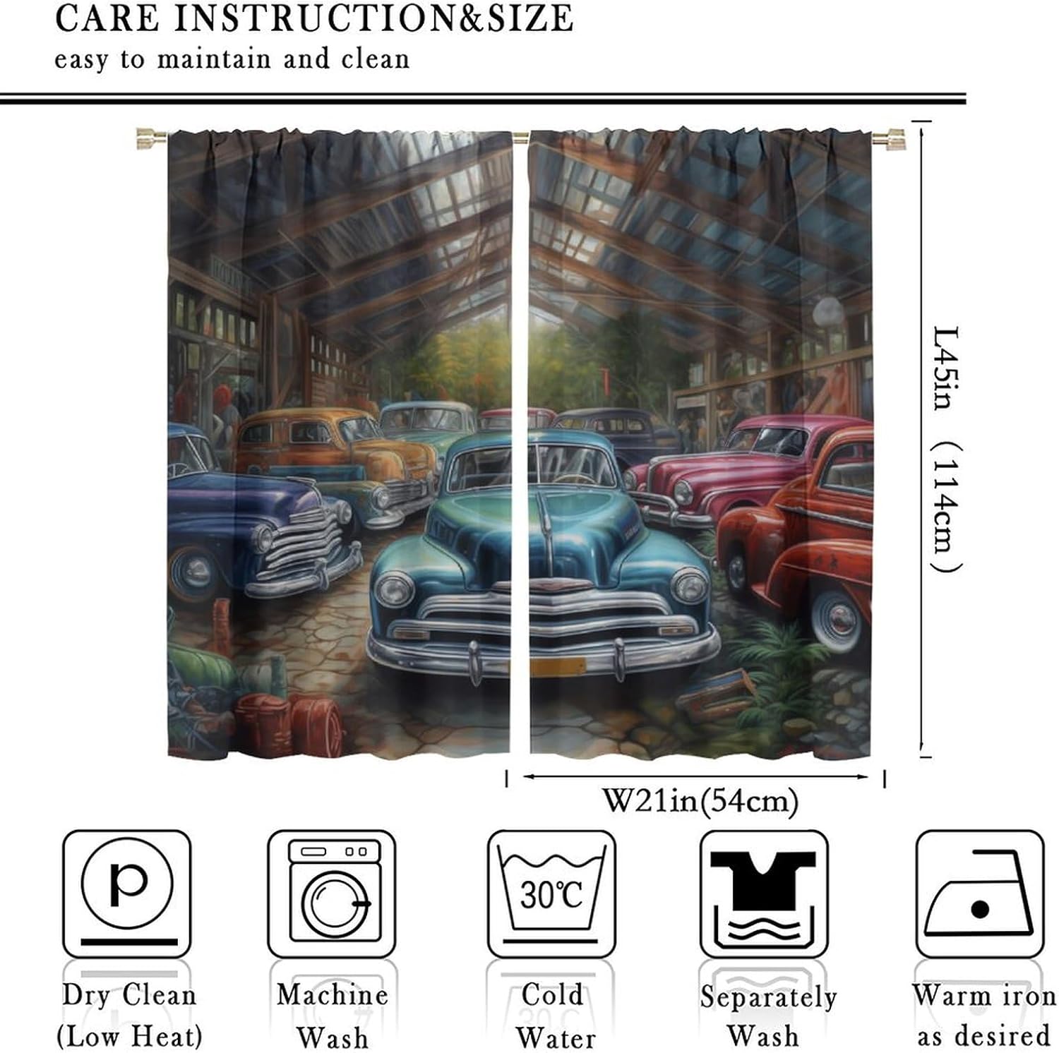Retro Truck Blackout Curtain, Cartoon Rustic Antique Old Car Vintage Barn Farm Decor Window Treatments 2 Panels Curtains for Man Boy Bedroom Kitchen Living Room Garage Drapes 42x45in