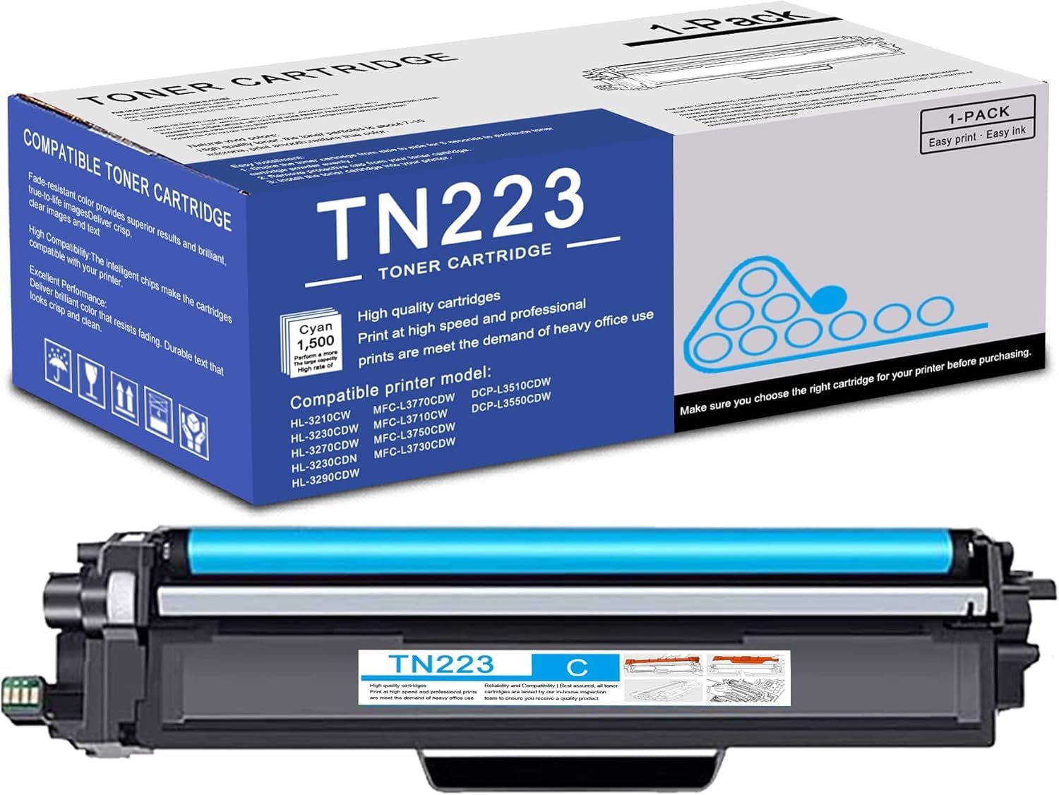 1 Pack TN223 Cyan Toner Cartridge High Yield Compatible TN223 Replacement for Brother MFC-L3770CDW L3710CW L3750CDW HL-3210CW 3270CDW 3290CDW DCP-L3510CDW L3550CDW Printer