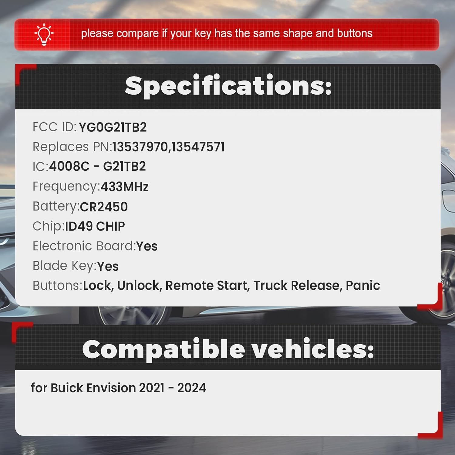 Beefunny Smart Remote Key Fob for Buick Envision 2021 2022 2023 2024 Keyless Entry Car Key 5 Buttons 433MHz FCC ID:YG0G21TB2 13537970 - Image 2