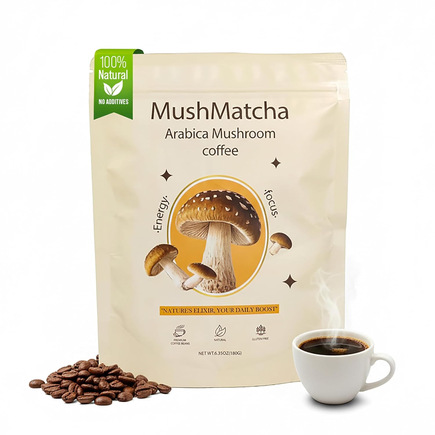 MushMatcha Arabica Mushroom Coffee Powder – Instant Arabica Coffee with Coconut Milk & 6 Functional Mushrooms for Focus, Energy & Productivity, Vegan Blend with Smooth Flavor, 180g Resealable Pouch
