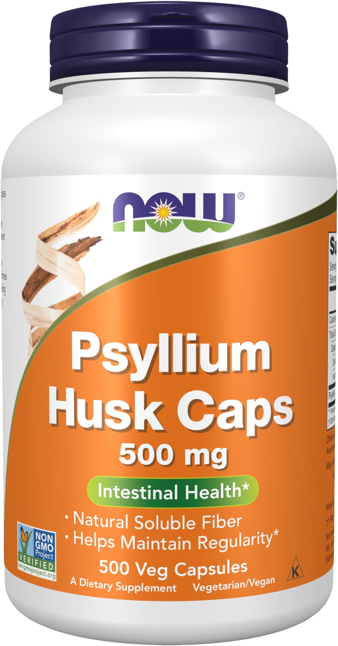 NOW Supplements, Psyllium Husk Caps 500 mg, Non-GMO Project Verified, Natural Soluble Fiber, Intestinal Health*, 500 Veg Capsules