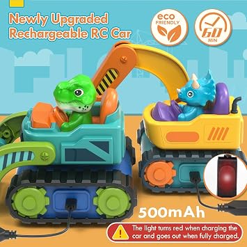 Toy for 1 2 3 Year Old Boys Gifts, Remote Control Digger Dinosaur Toys for Boys, 2 Pack Construction Toddler Baby Kids Toys RC Car Truck with Music & Sound