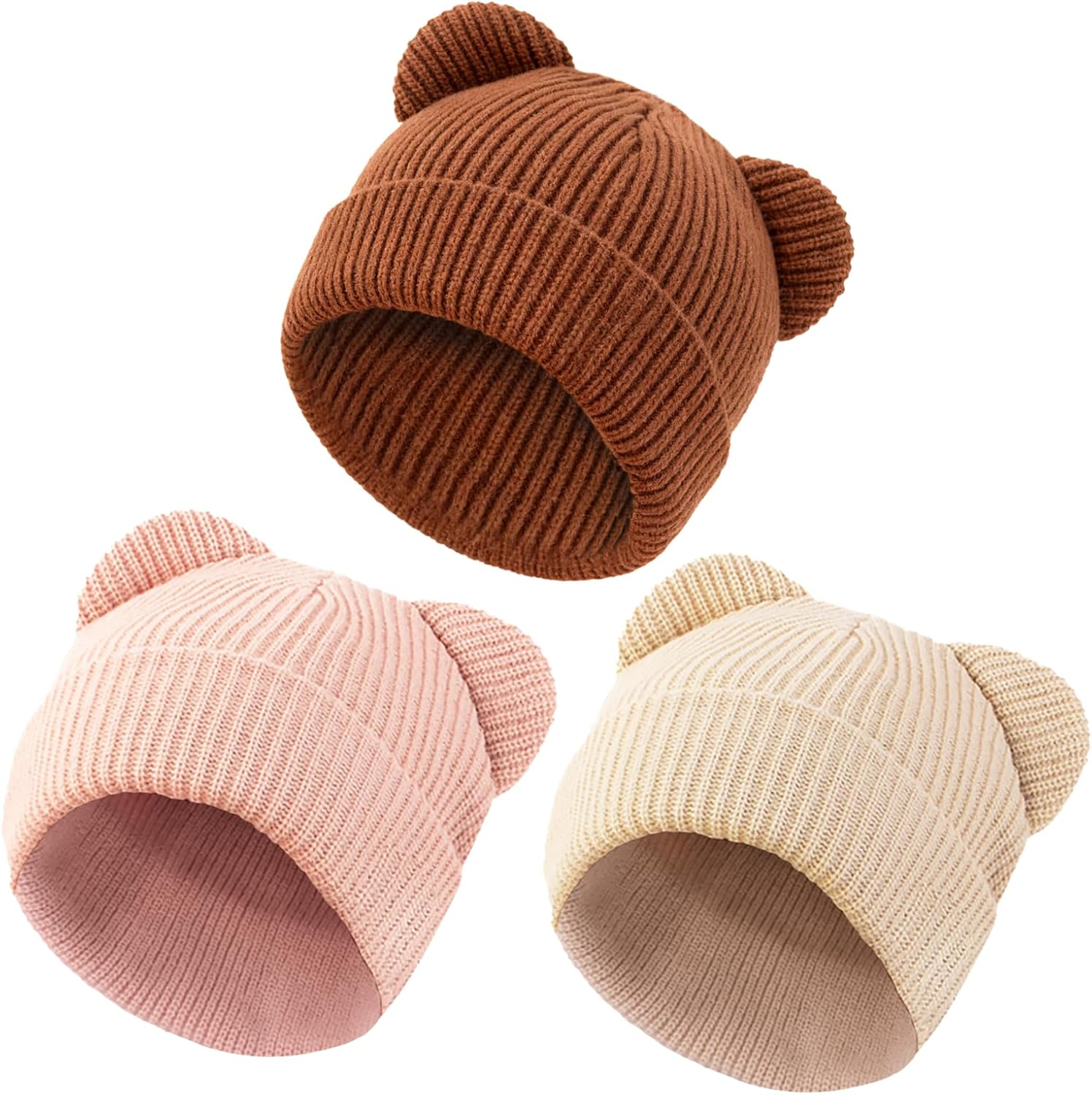 Baby Beanie Cute Toddler Winter Hat 3 Pack Soft Double Layers Knit Warm Cap for Infant Girls Boys Kids 0-8 Years