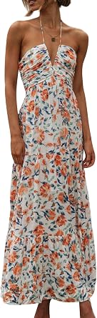 Womens Halter Maxi Dress Elegant Sleeveless Backless V Neck Floral Tiered Swing Dress A Line Flowy Beach Sundress