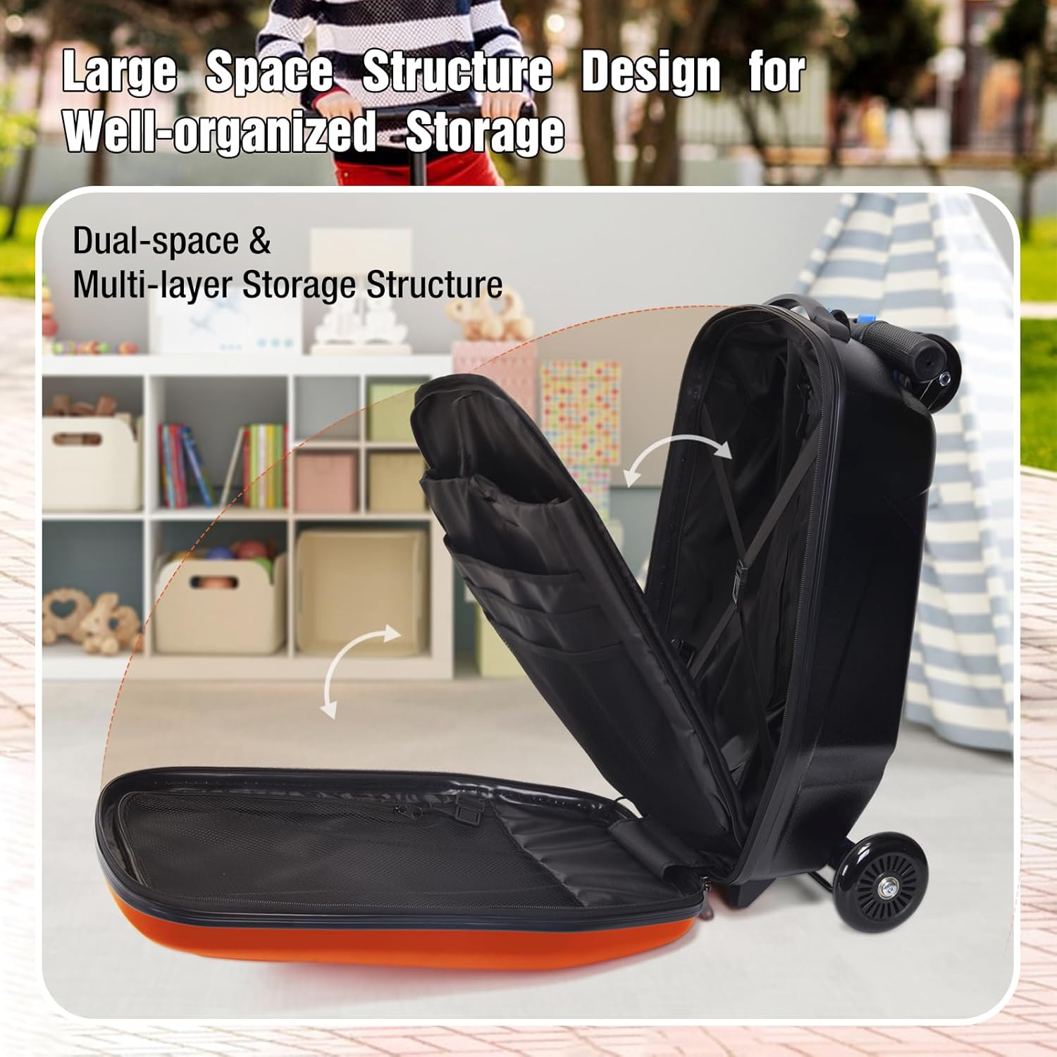 20" Scooter Suitcase for Kids, 2-in-1 Ride On Luggage with Wheels for Boys & Girls Ages 4-15, Foldable Hardshell Carry On Lightweight Travel Suitcase for Airplane (No LED, Orange)