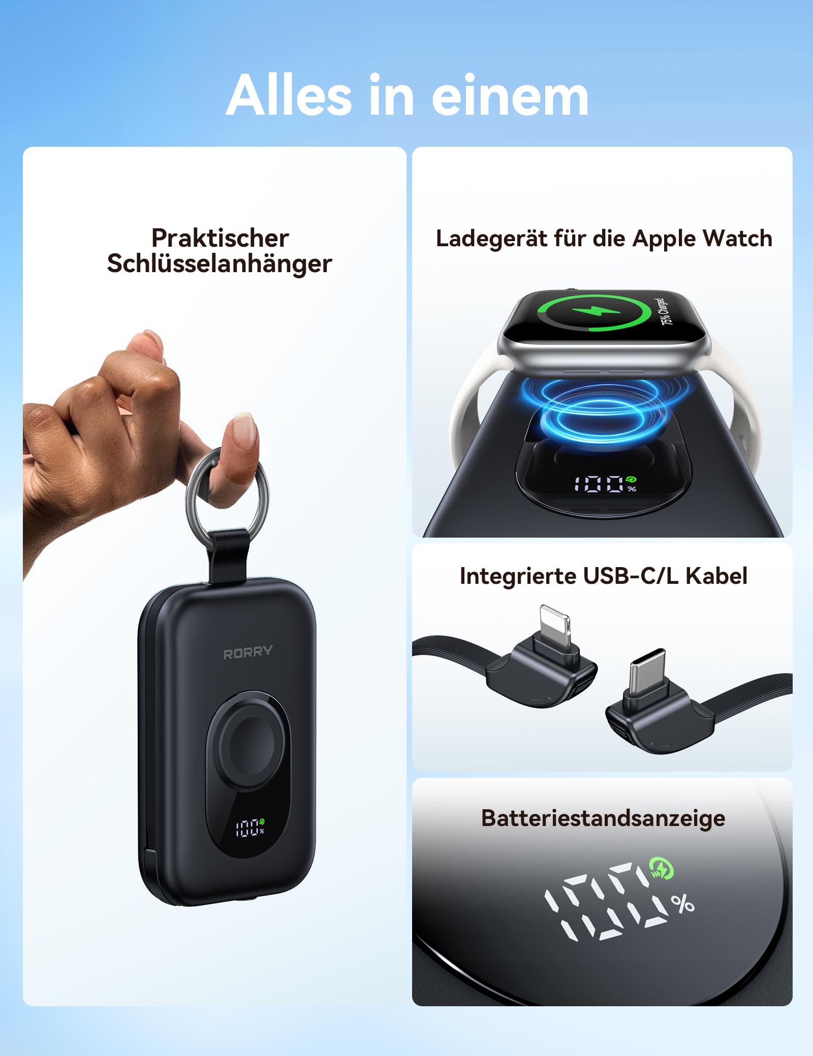 RORRY Powerbank Power Bank 20000mAh 30W PD Quick Charger - Cargador portátil con 2 Cables Integrados, batería Externa para teléfono móvil con Llavero, para iPhone, Apple Watch, iPad, Color Blanco
