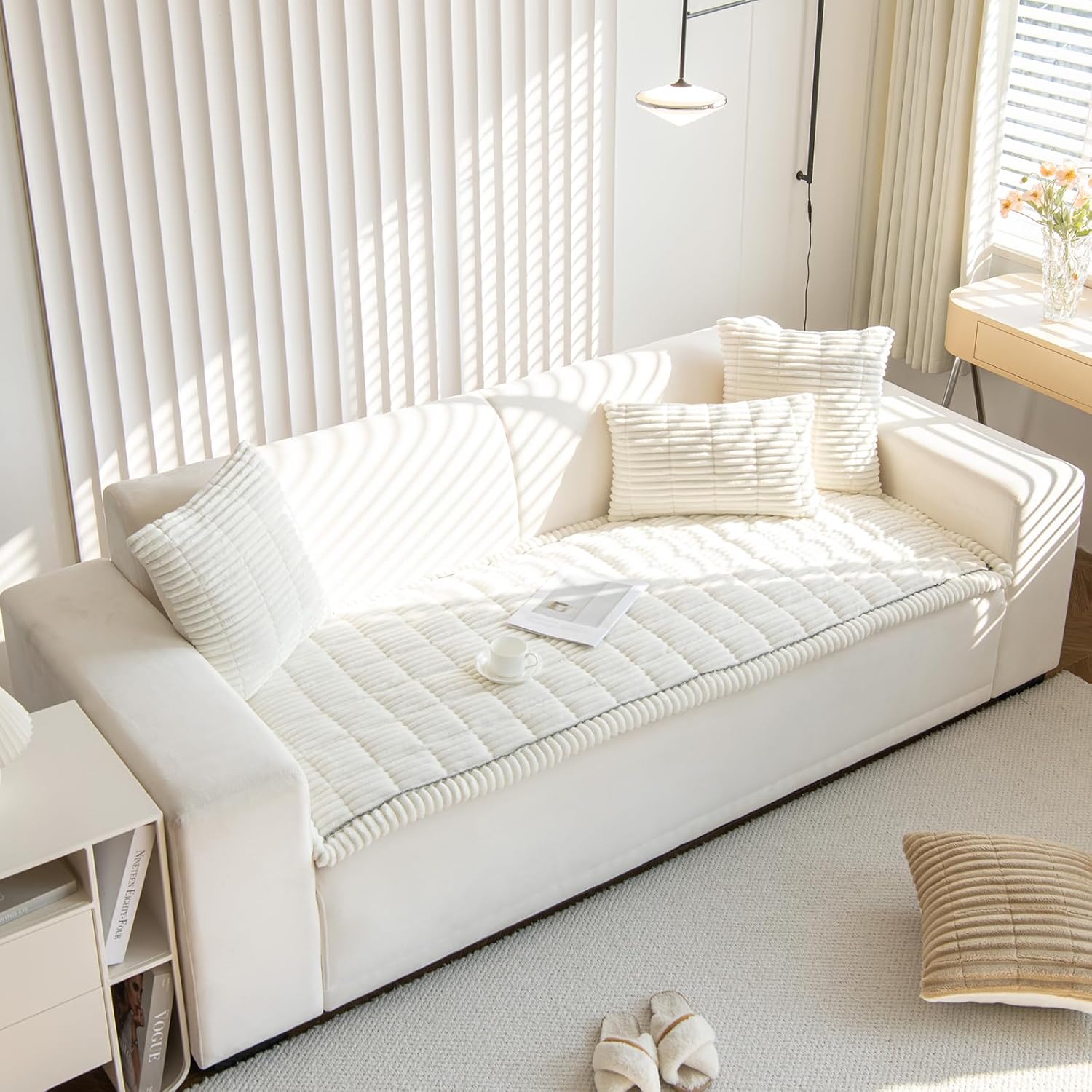 Faux Fur Plush Dog Couch Cover 3D Stripe Fuzzy Sofa Cover Non-Slip Fluffy Dog Bed Cover Pet Blanket Sofa Couch Furniture Protector for Puppy Large Dog Cat (Cream,35"x47")