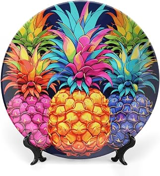 Bone China Decorative Plate Colorful Pineapple Ceramic Dinner Plates with Display Stand Ceramic Ornaments Art Porcelain Plate for Home Office Wall Decor Collections Plate 7inch